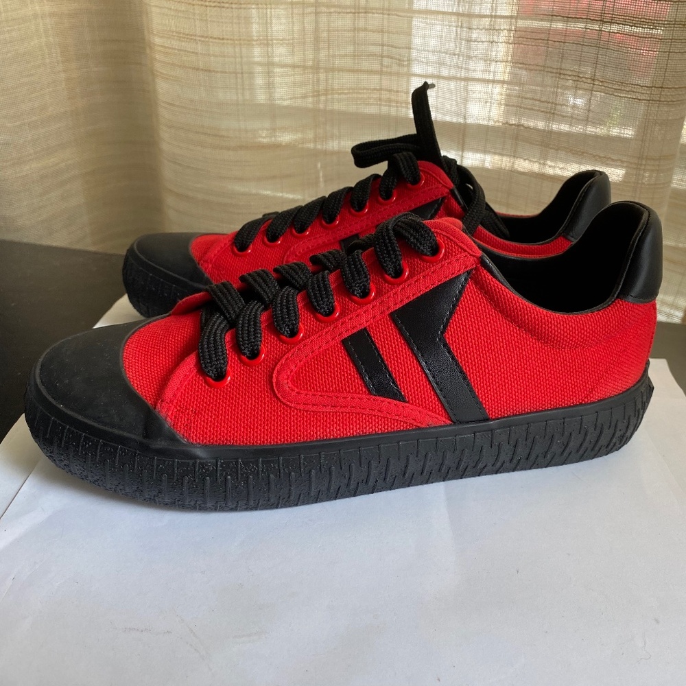 CELINE PARIS Plimsole rubber shoes red canvas black leather sneakers 35 new lace